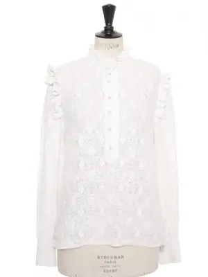 Blouse manches longues en dentelle blanche et boutons perles ivoire Prix boutique 175€ Taille 36 — photo 1