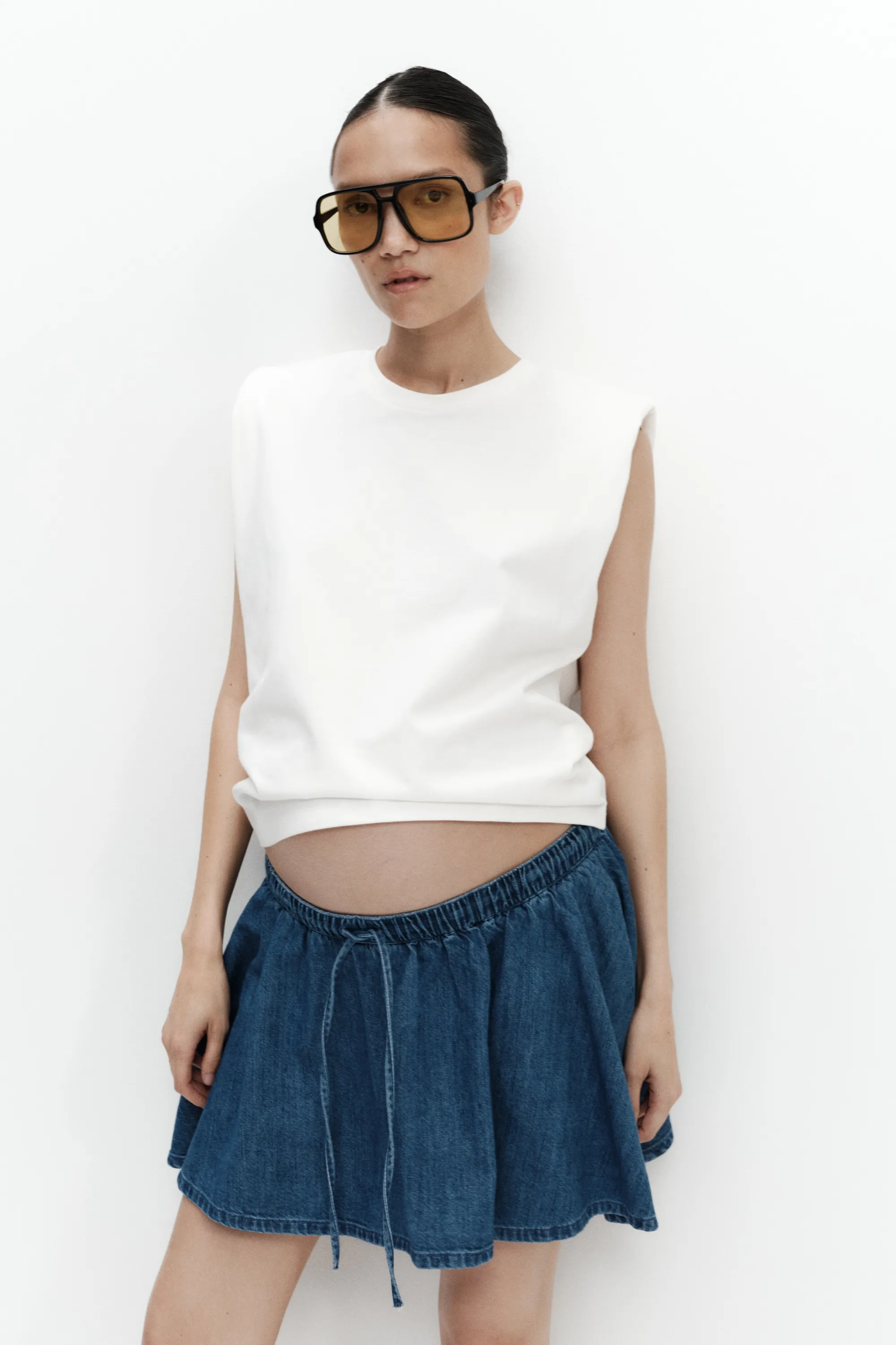 MAMA Jupe-short évasée en coton mélangé - Bleu denim