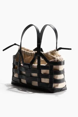Grand tote bag avec cordon de serrage - Noir/beige clair — photo 1
