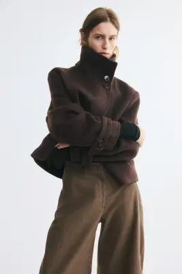 Veste à col entonnoir en laine mélangée - Marron foncé — photo 2