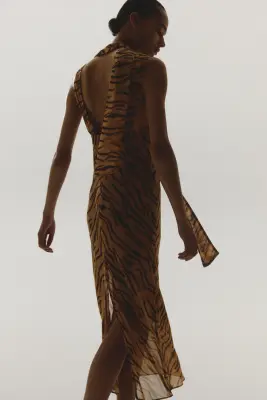 Robe midi avec col cravate - Beige/rayures tigrées — photo 2