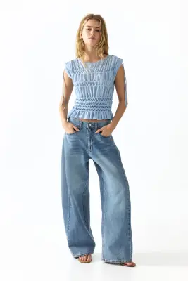 Top smocké en maille fine - Bleu clair — photo 1