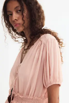 Blouse péplum à manches bouffantes - Rose clair — photo 2