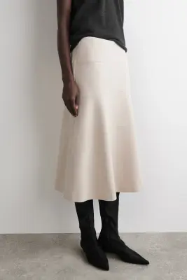 JUPE MIDI TRAPÈZE SILHOUETTE INCURVÉE - BEIGE CLAIR — photo 1