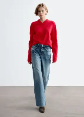 Pull à col en V côtelé - Rouge — photo 2