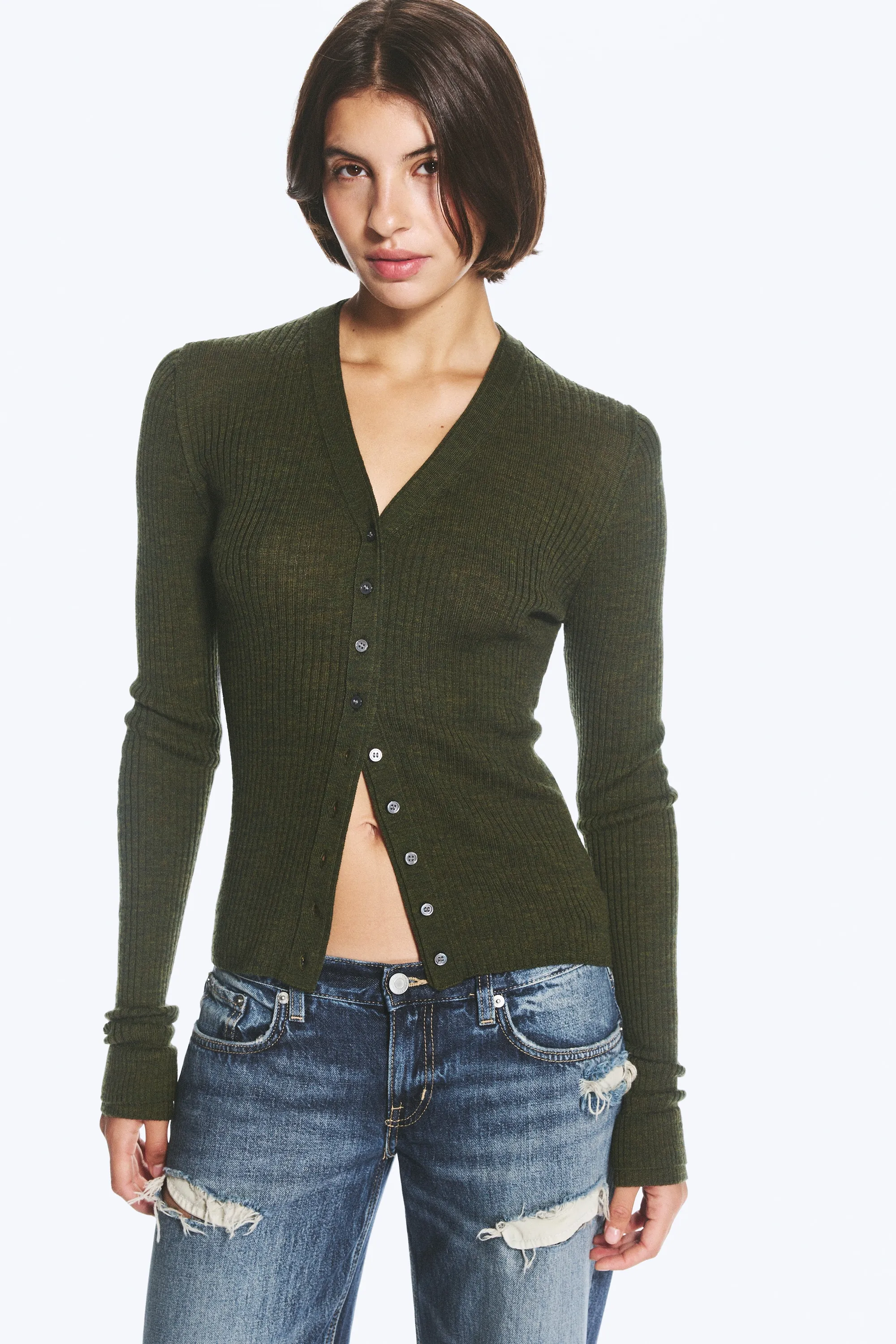 Cardigan en laine fine à col V - Vert foncé
