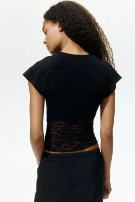 Top bi-matière drapé - Noir — photo 1