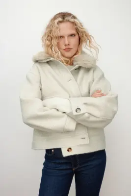 Veste en twill avec col duveteux - Beige clair — photo 1