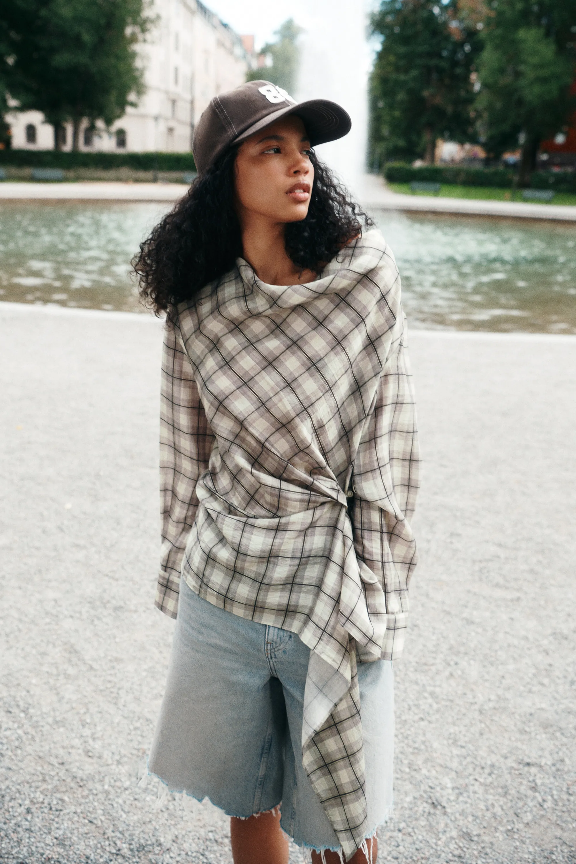 Blouse en lyocell mélangé avec panneau drapé - Beige clair/carreaux