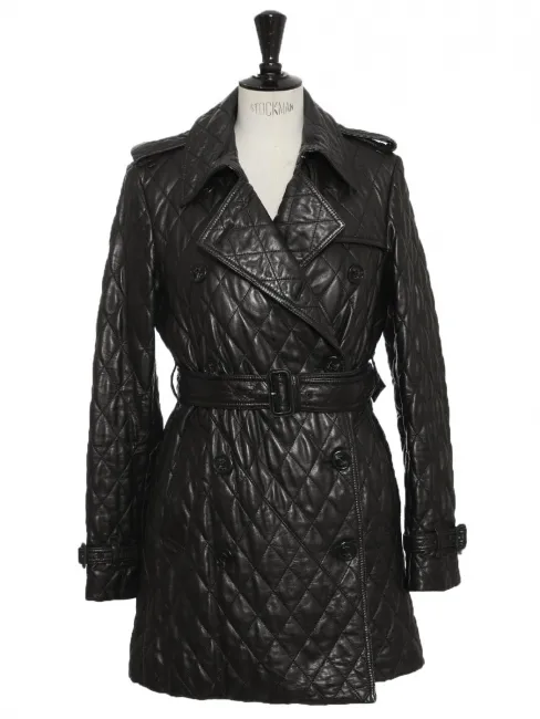 Manteau trench en cuir noir matelassé avec ceinture Prix boutique 5900 € Taille S