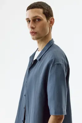 Chemise Relaxed Fit en lin mélangé avec col cubain - Bleu ancien — photo 3