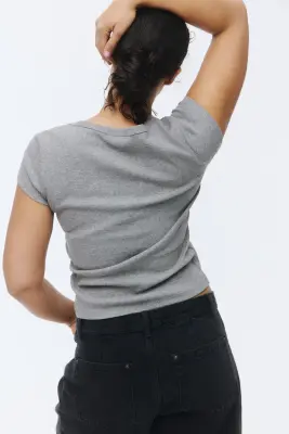 T-shirt côtelé avec encolure dégagée - Gris chiné — photo 3