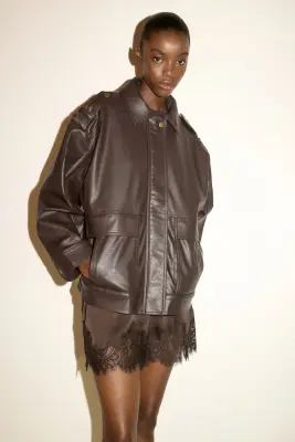 Veste de style motard en tissu enduit - Marron foncé — photo 2
