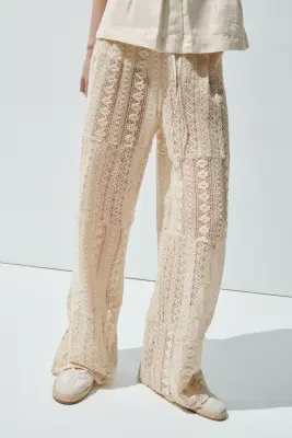 Pantalon en dentelle avec cordon de serrage - Beige clair — photo 1