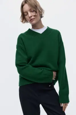 Pull à encolure en V - Vert foncé — photo 1