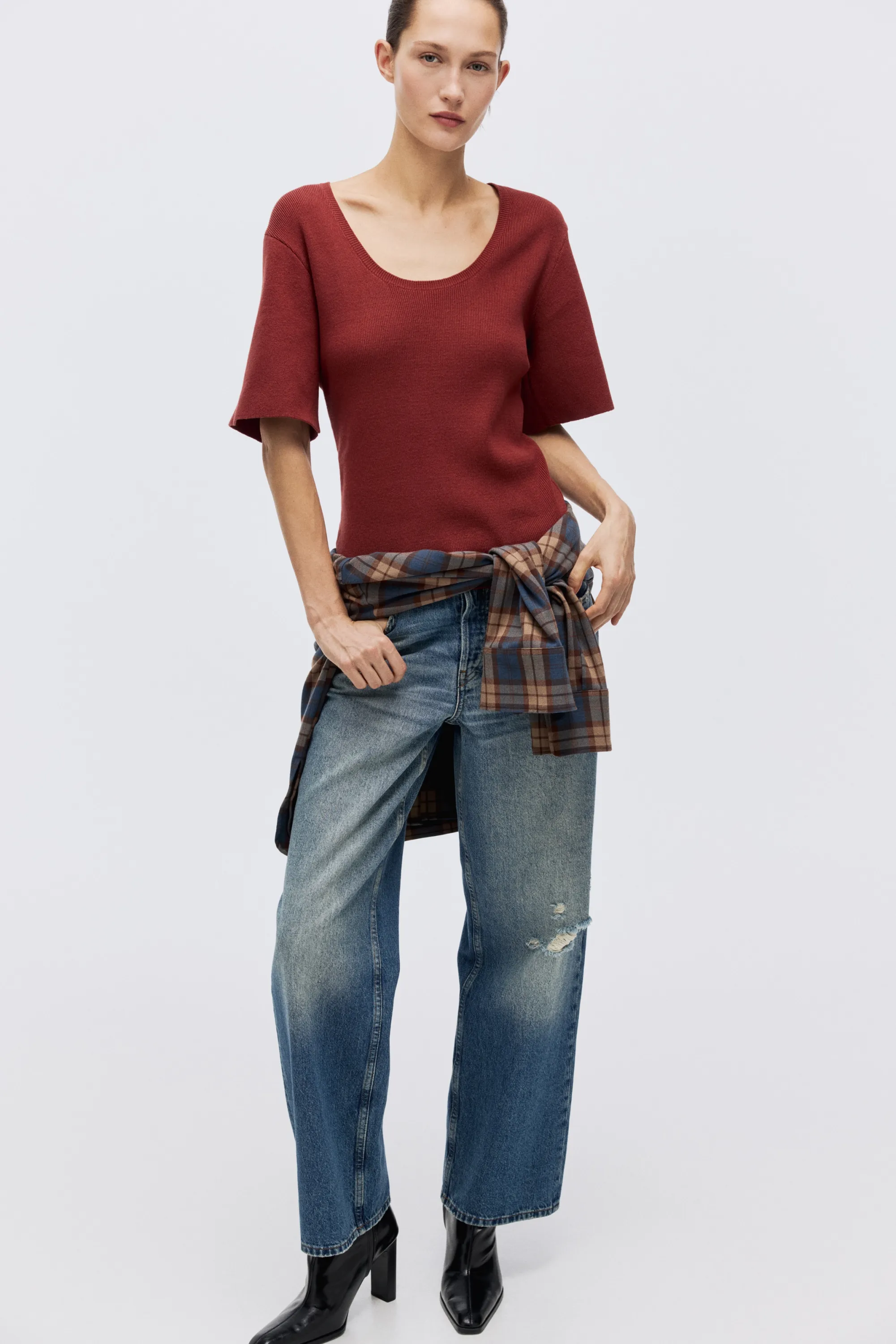 T-shirt en maille fine - Rouge foncé