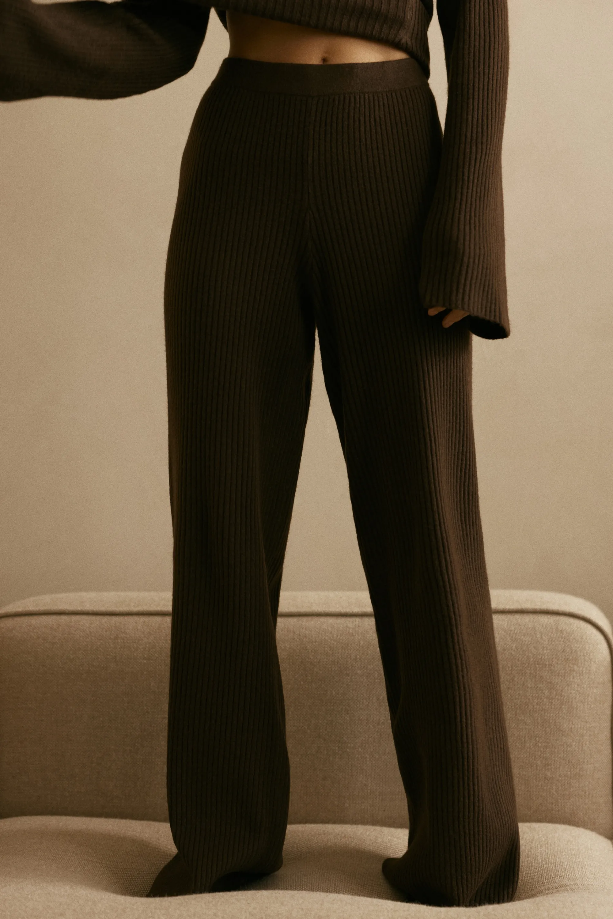Pantalon large en maille côtelée - Marron foncé