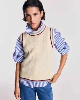 Pull Perle écru liseré bleu et rouge — photo 2