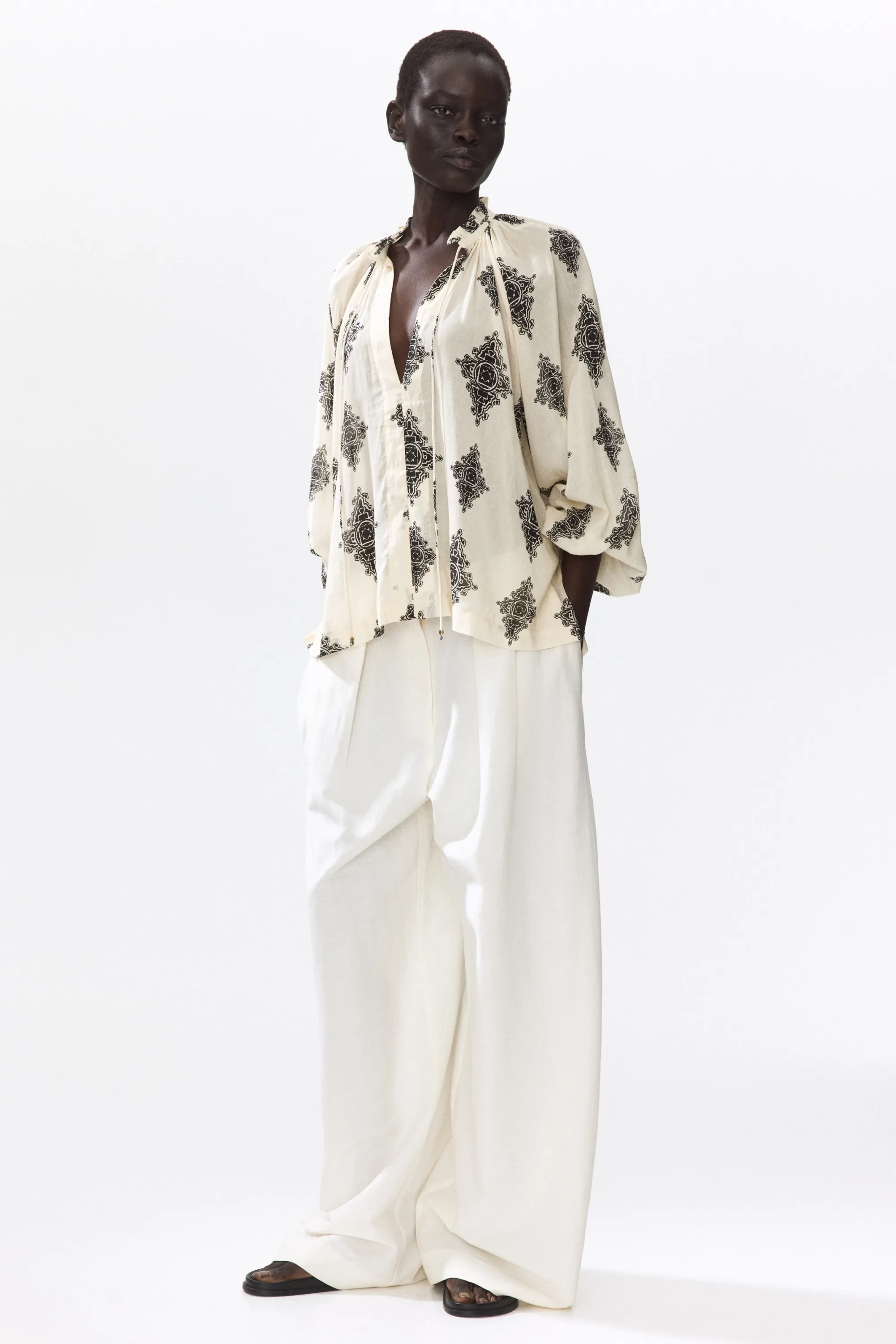 Blouse oversize à manches ballon - Crème/motif