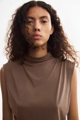 Top en jersey avec panneau drapé - Taupe foncé — photo 2