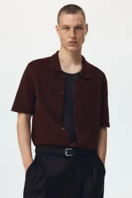 Chemise Regular Fit en maille ajourée - Marron foncé — photo 1
