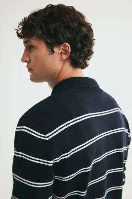 Polo Regular Fit en maille - Bleu marine/rayé — photo 3