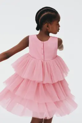 Robe avec jupe en tulle à volants étagés - Rose foncé — photo 2