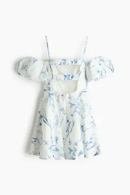 Robe épaules dénudées en lin mélangé - Blanc/fleuri — photo 4