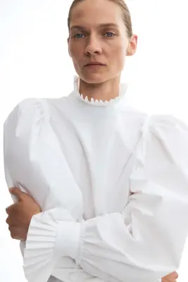 Blouse en coton avec manches ballon - Blanc — photo 1