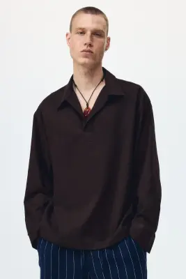Chemise popover Relaxed Fit - Marron foncé — photo 1