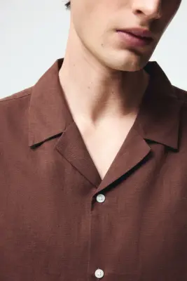 Chemise Relaxed Fit en lin mélangé avec col cubain - Marron — photo 1