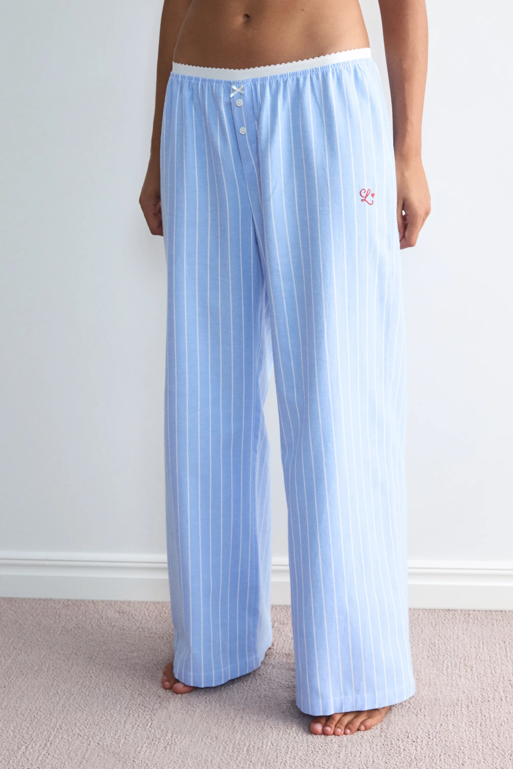 Pantalon de pyjama en flanelle - Bleu clair/rayures tennis