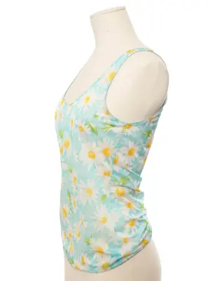 Top débardeur en tulle stretch bleu turquoise fleuri marguerite blanc et jaune Taille XS/S — photo 3
