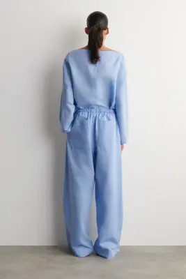 PANTALON LARGE TAILLE AJUSTABLE EN LIN - BLEU CIEL — photo 3