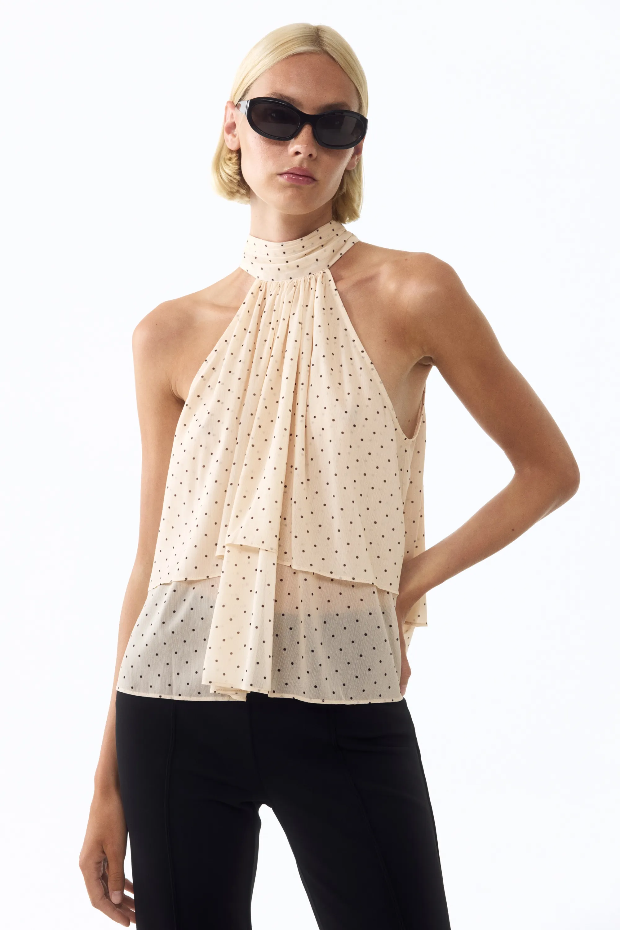 Top à étages avec détail à nouer - Beige clair/pois