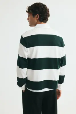 Polo de rugby Regular Fit en coton - Crème/rayures vert foncé — photo 3