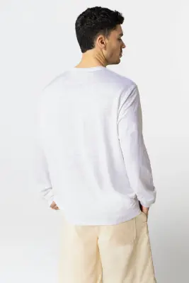 T-shirt Blanc Col Rond Manches Longues en Lin / Elasthanne — photo 3