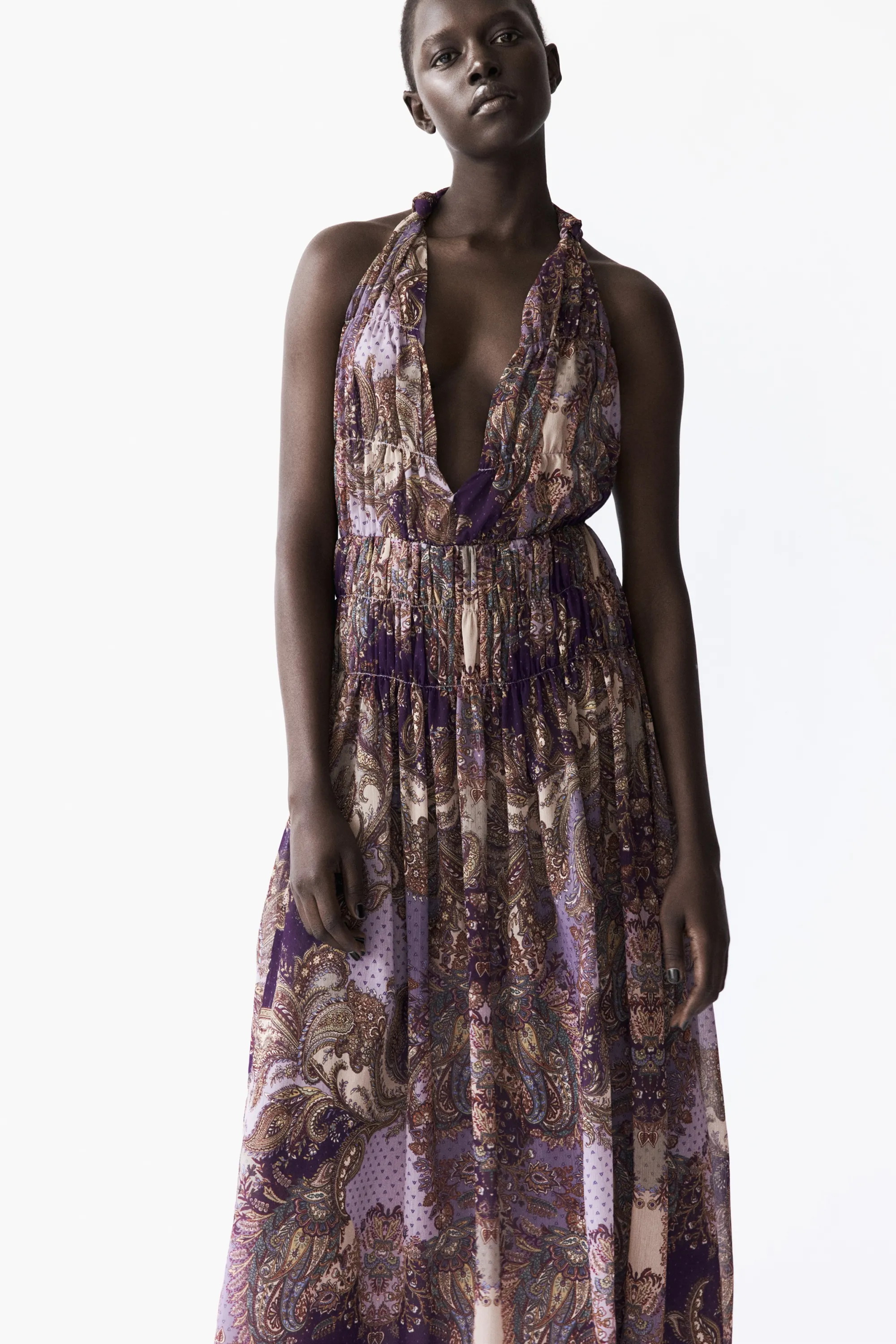 Robe dos nu froncée - Violet foncé/motif cachemire