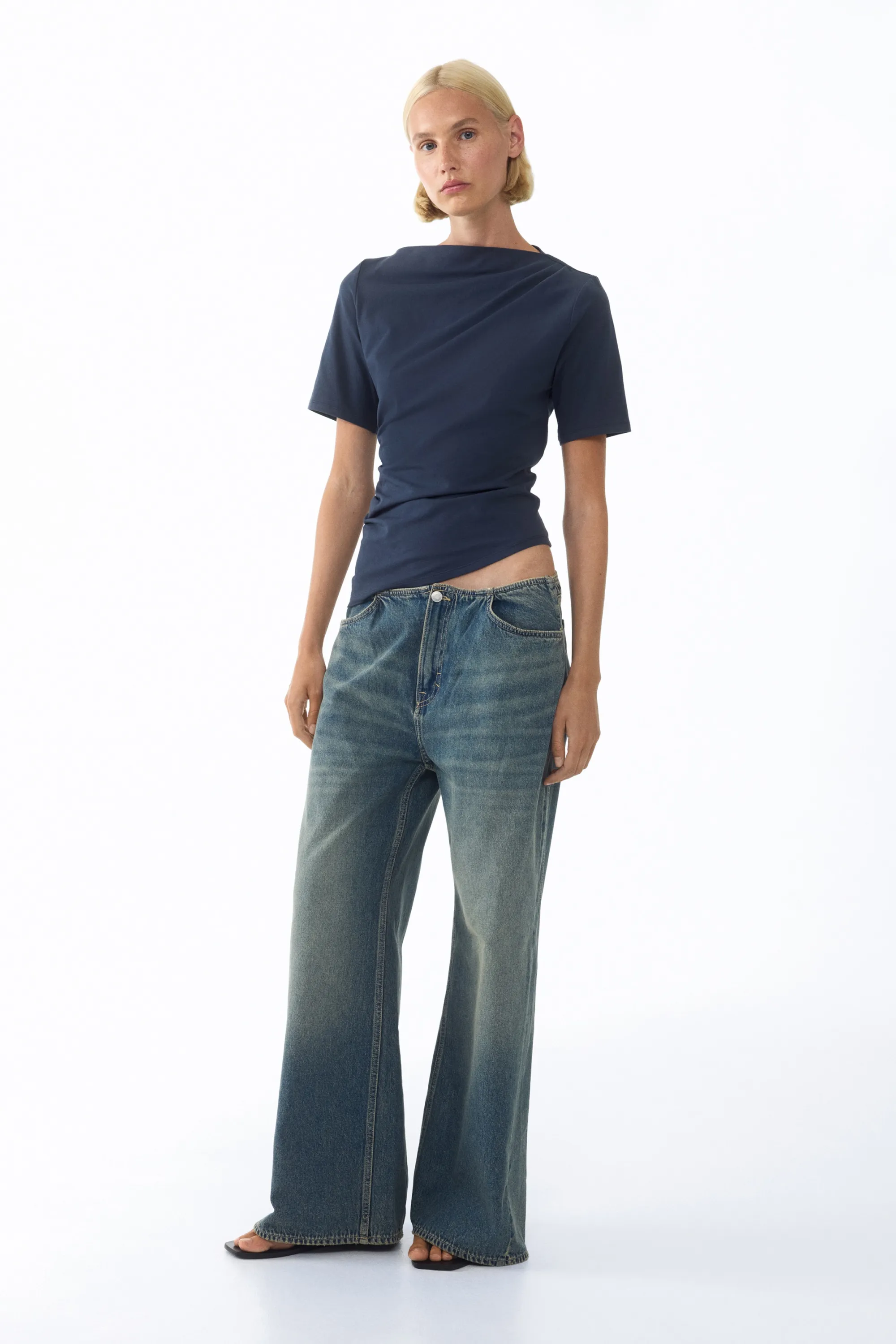 Top asymétrique à effet drapé - Bleu foncé