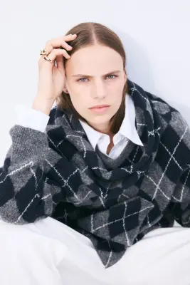 Pull avec détail façon écharpe - Gris foncé/motif argyle — photo 1