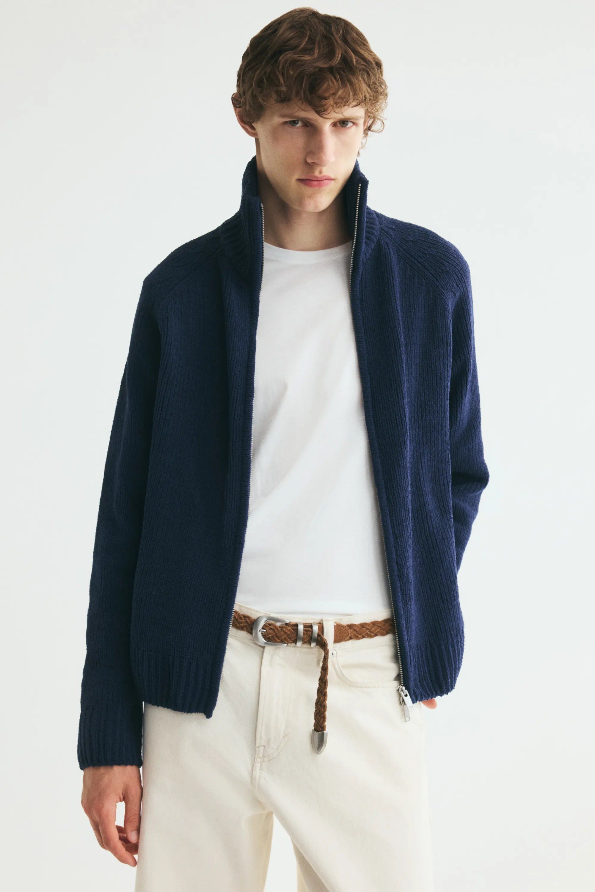 Gilet zippé Relaxed Fit en fil chenille - Bleu foncé