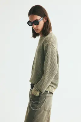 Pull Loose Fit en maille de coton ajourée - Vert kaki délavé — photo 4