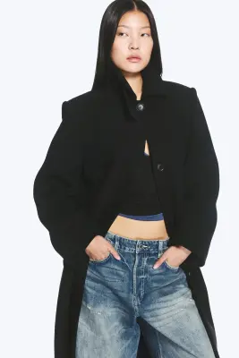 Manteau oversize en laine mélangée à boutonnage simple - Noir — photo 1