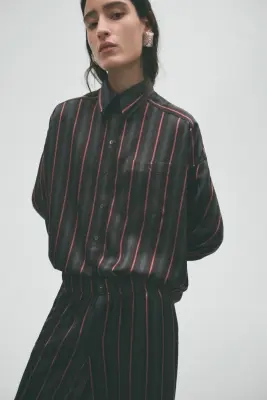 Pantalon en satin avec taille élastique - Gris foncé/rayé — photo 2