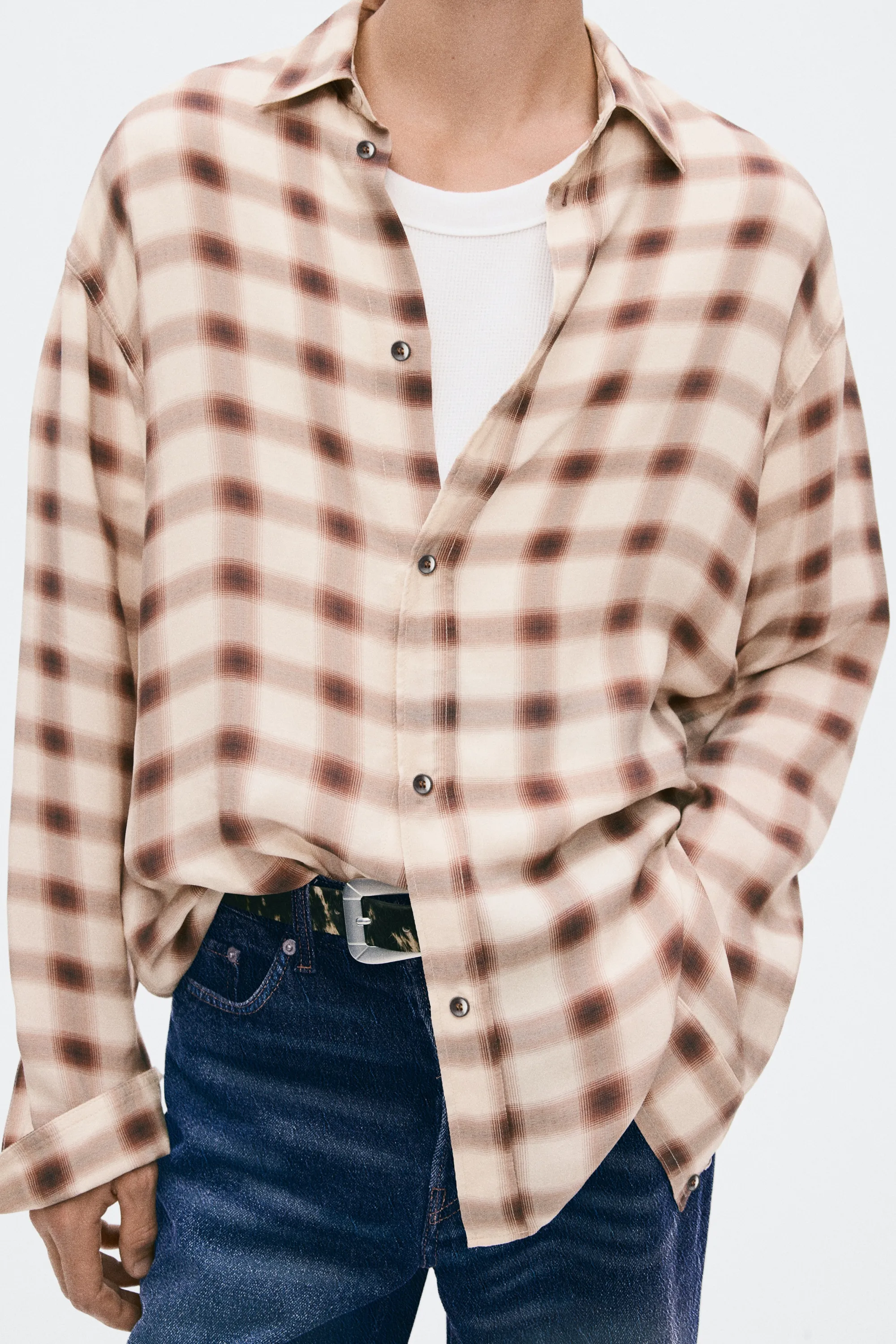 Slim Fit Cupro shirt - Crème/carreaux