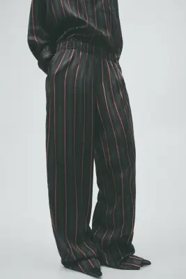 Pantalon en satin avec taille élastique - Gris foncé/rayé — photo 3