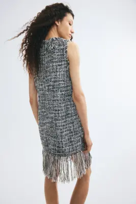 Robe frangée en tissu bouclette - Noir/blanc chiné — photo 3