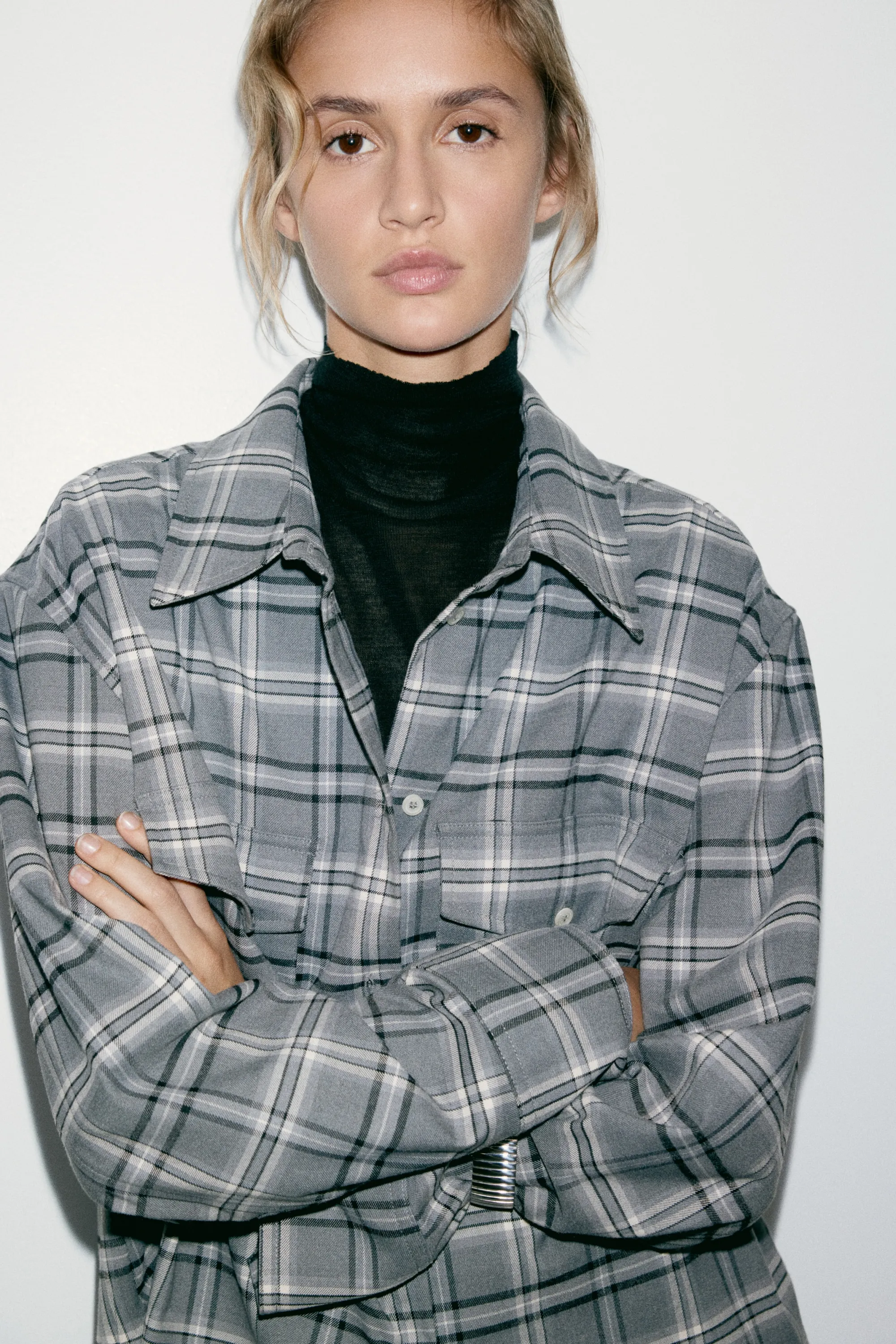 Chemise oversize en flanelle - Gris/carreaux
