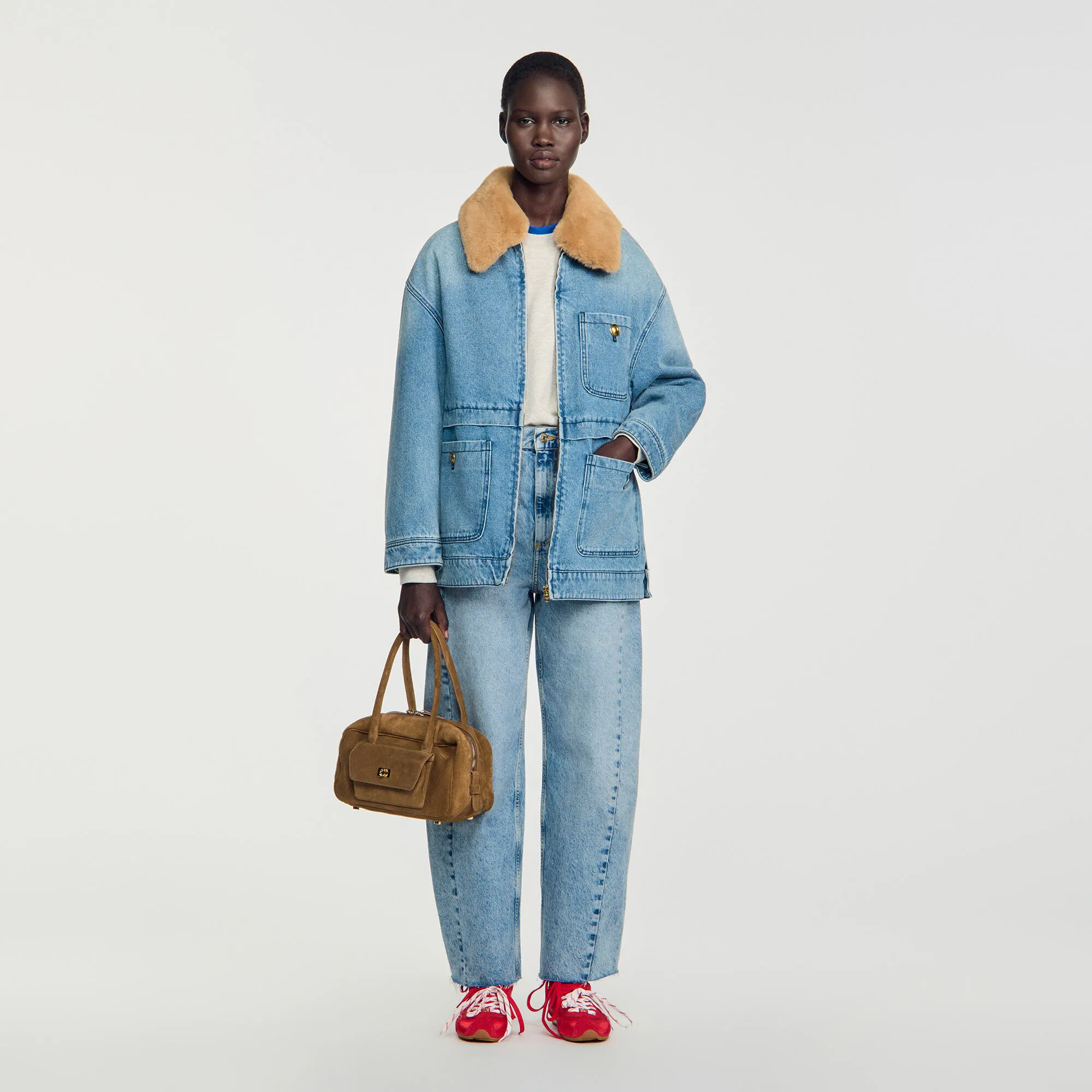 Manteau en jean col fausse fourrure