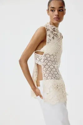 Top façon crochet avec ceinture à nouer - Crème — photo 3
